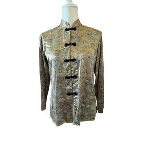 Vintage notations halter neck art prints silky blouse jacket mandarin neck sz s